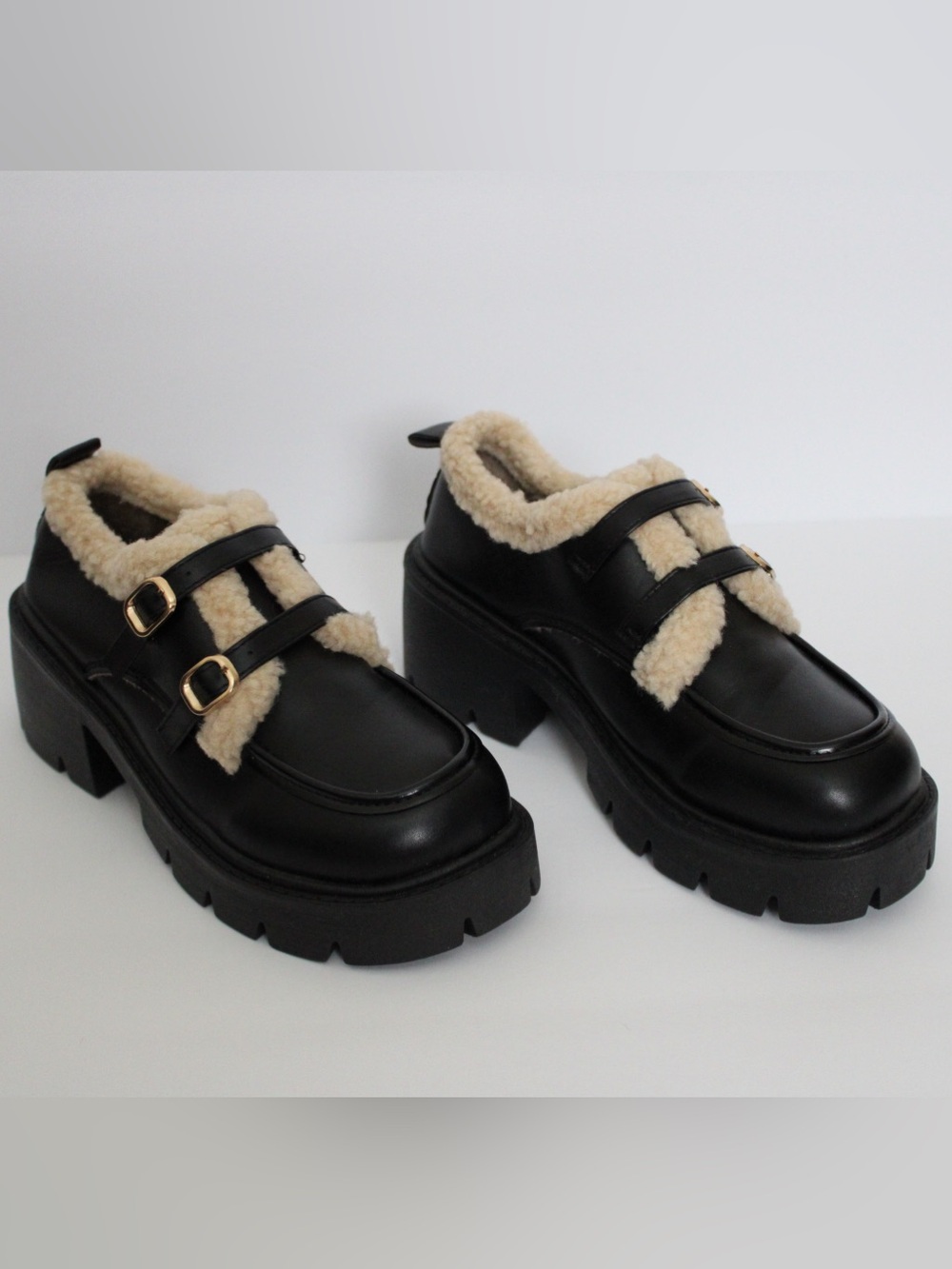 Black Faux Leather Sherpa-Lined Double Buckle Platform Loafers EU 38
